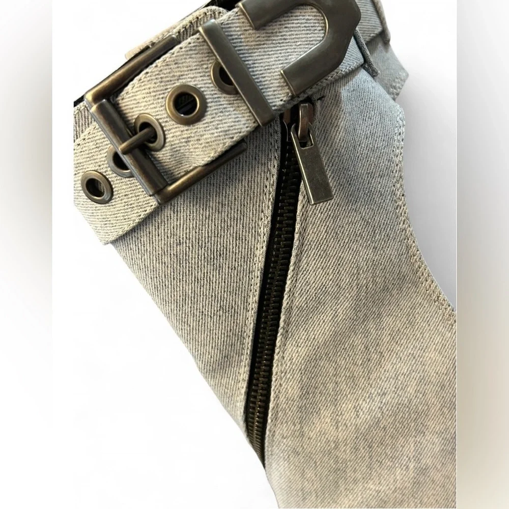 Steve Madden Denim Pointed Stiletto Zipper Peep Toe Ankle Buckle Boots Size 11 - Picture 3 of 14